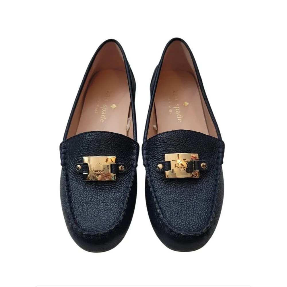 NEW Kate Spade Carmen Driving Loafer with Gold Logo in Pebbled Navy Blue Size 6